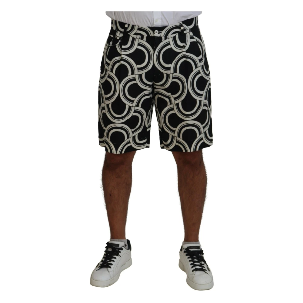 Dolce & Gabbana Zwart Wit Patroon Linnen Bermuda Shorts Black Heren