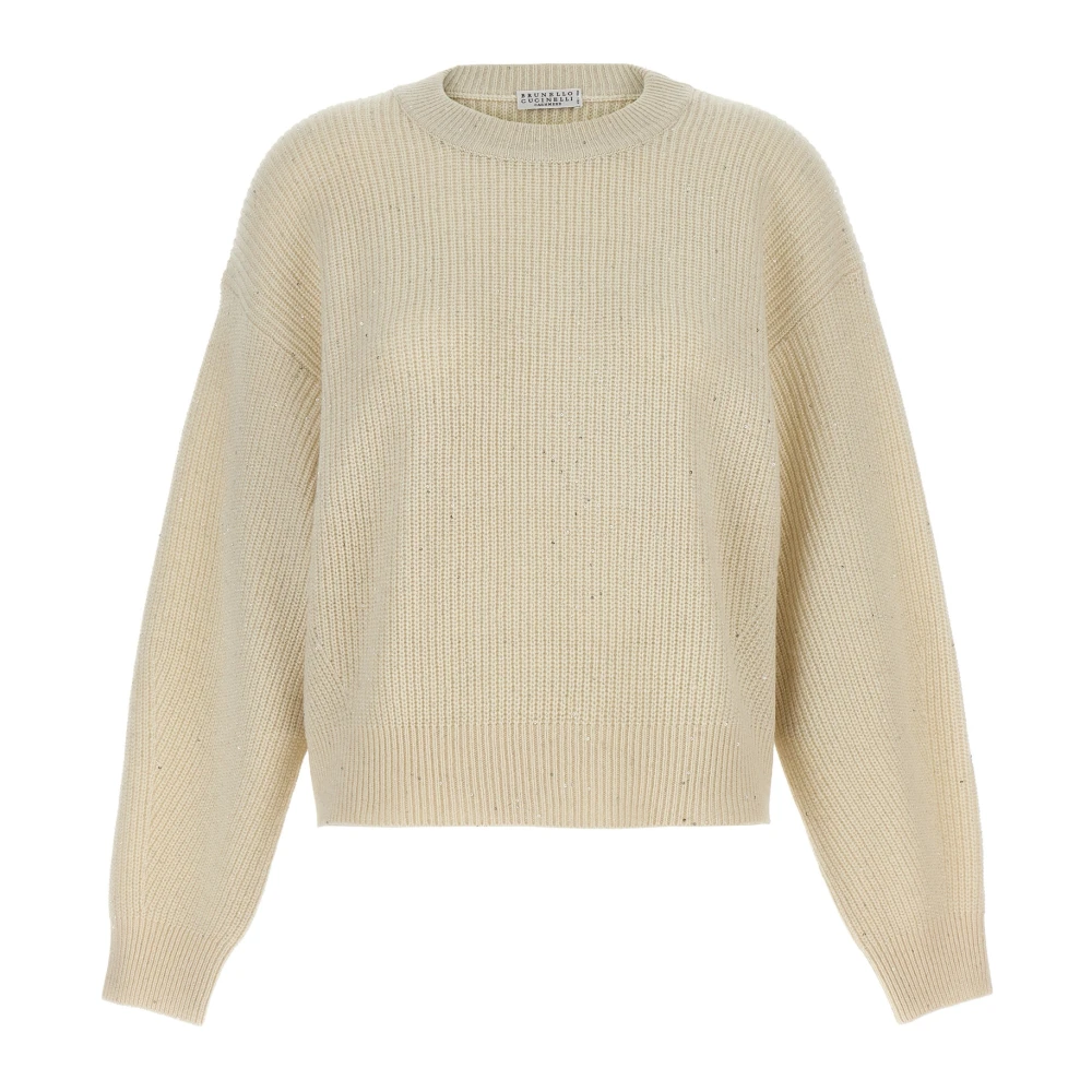 Brunello Cucinelli White Round-Neck Knitwear, Female, L, Wool And Cashmere Rib Jumper With Sequins