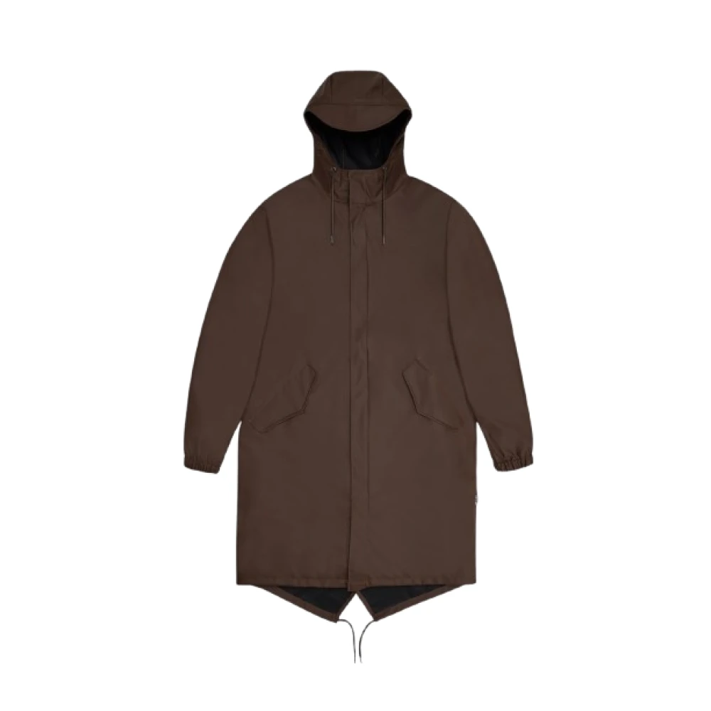 Rains Zwarte Fishtail Parka met Asymmetrische Zoom Brown Heren
