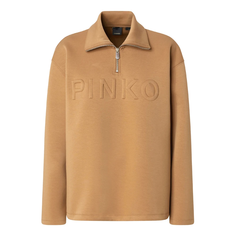 Pinko Kameel Sweater met Rits en Logo Brown Dames