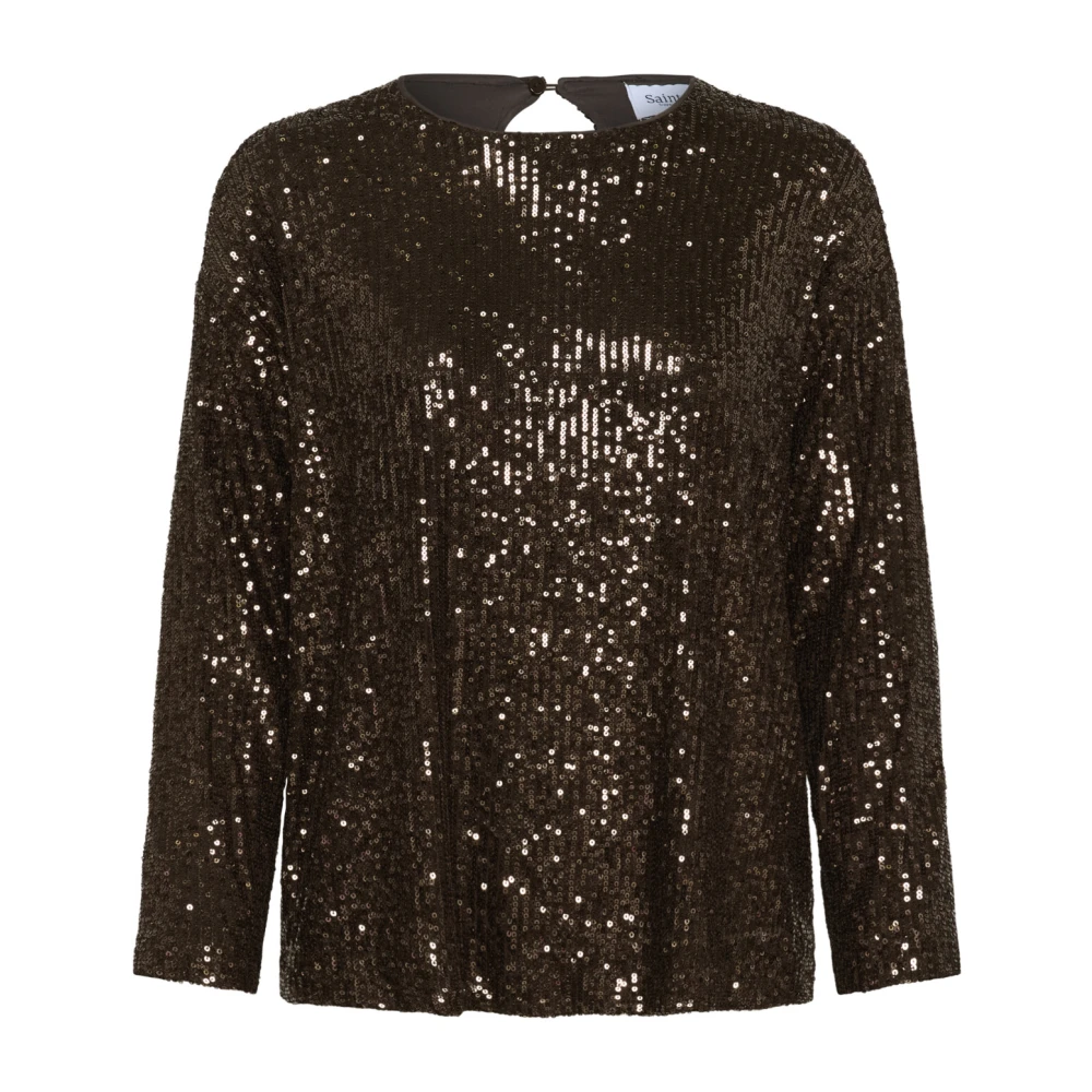 Saint Tropez Women's Brown Blouses, Xs, Sequin R-Neck Blouse In Mulch