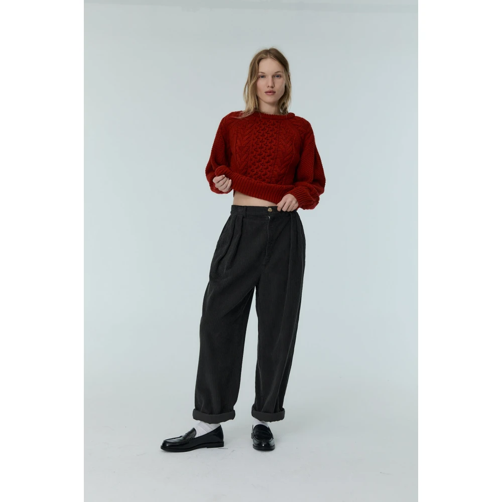 The New Society Corduroy Straight Cut Pants Graphite Black Dames