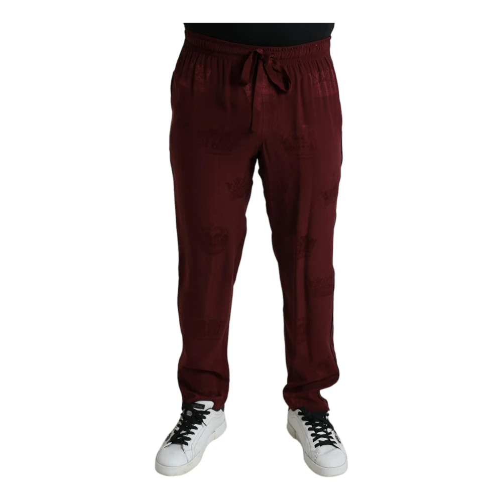 Dolce & Gabbana Men's Brown Crown Pattern Silk Pajama Trousers - Straight Trousers - S- Trousers