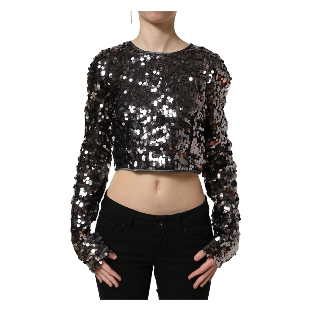 Dolce & Gabbana Black Sequined Long-Sleeve Crop Top - Female - Blouses - L - Blouses & Shirts