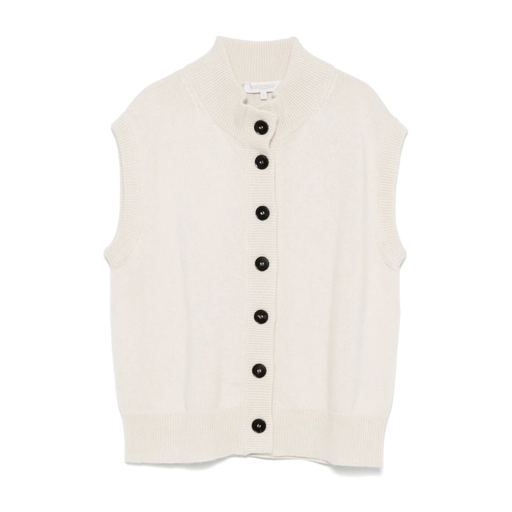 Antonelli Firenze Mouwloze Gebreide Trui met Opstaande Kraag Beige Dames