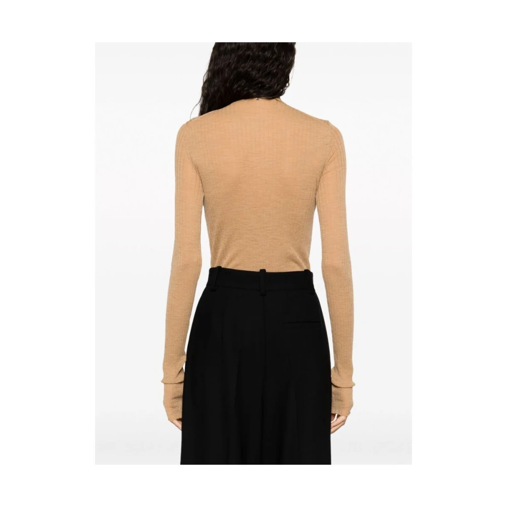 SPORTMAX Geribbelde Gebreide Button-Up Bodysuit Beige Dames