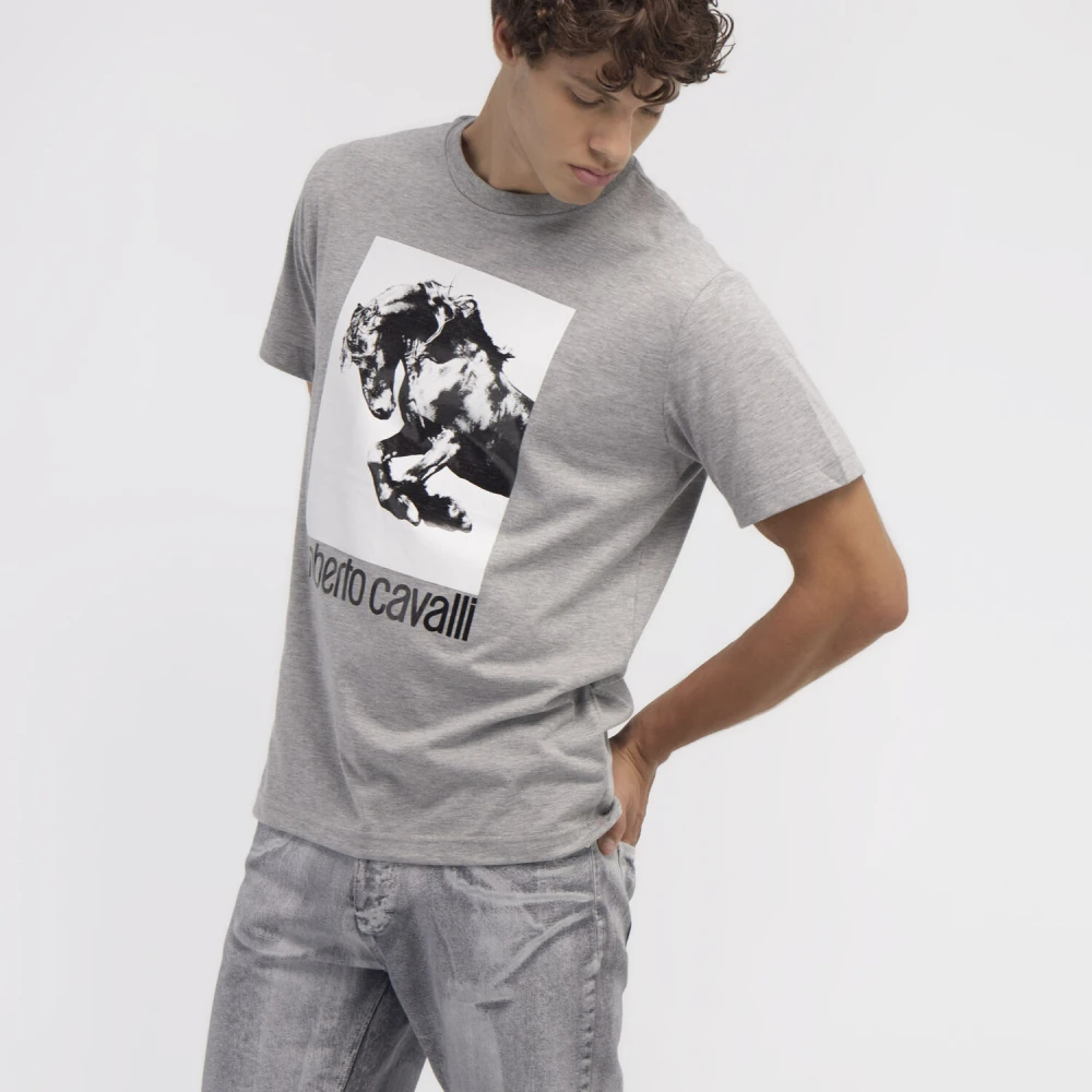 Roberto Cavalli T-shirt met Paardenlogo en Print Ronde Hals Gray Heren