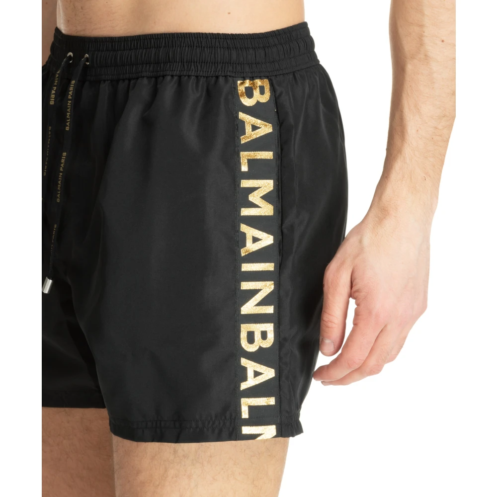 Balmain Trekkoord Zwemshorts Effen Logo Zakken Black Heren