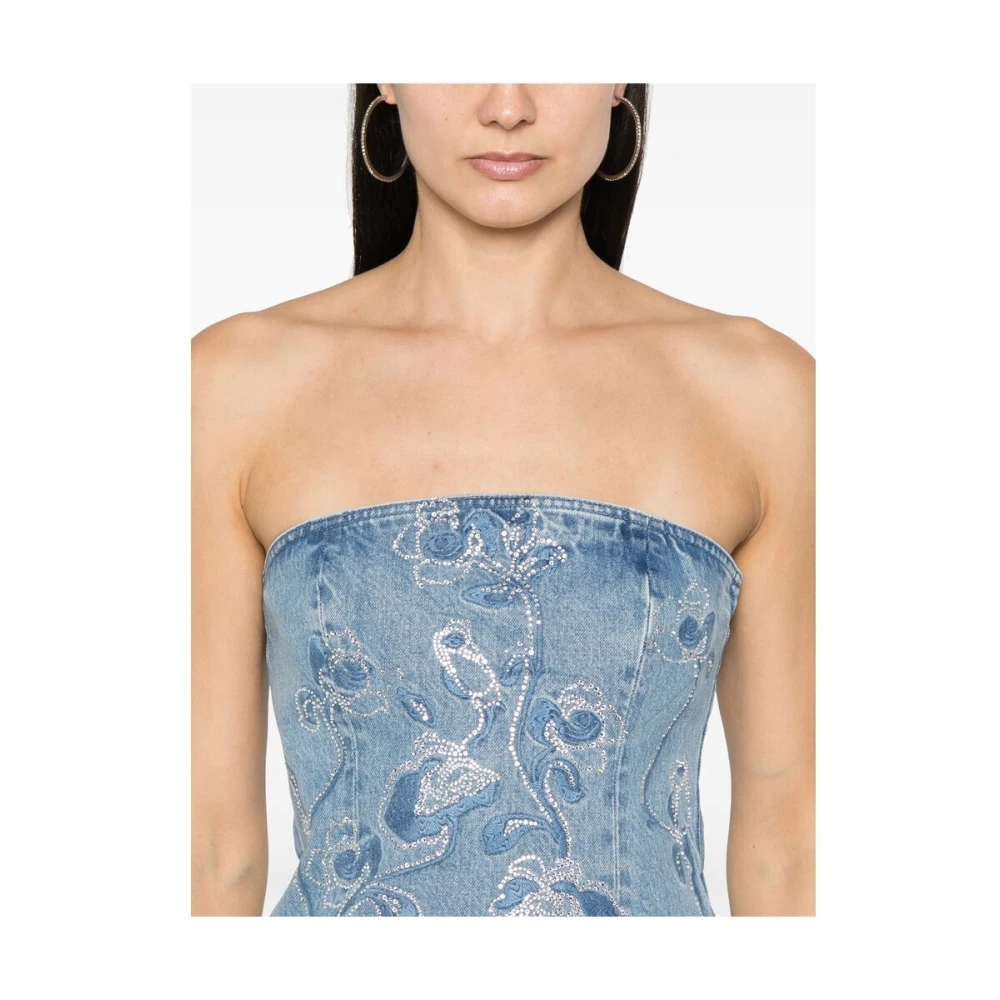 Rotate Birger Christensen Indigo Blue Denim Jurk met Bloemenborduursel Blue Dames