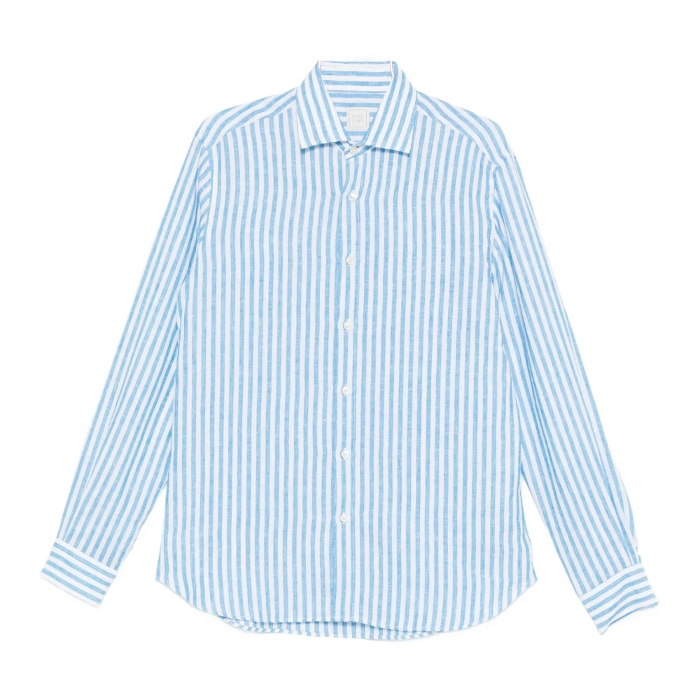 120% Lino Blue Casual Shirts, Male, Xl, Striped Linen Shirt