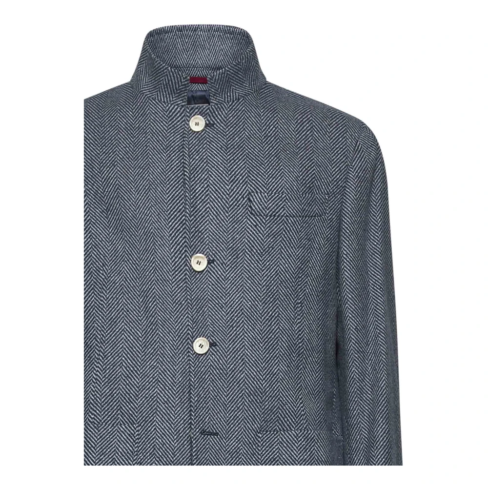 BRUNELLO CUCINELLI Chevron Denim Jack met Mandarin Kraag Blue Heren