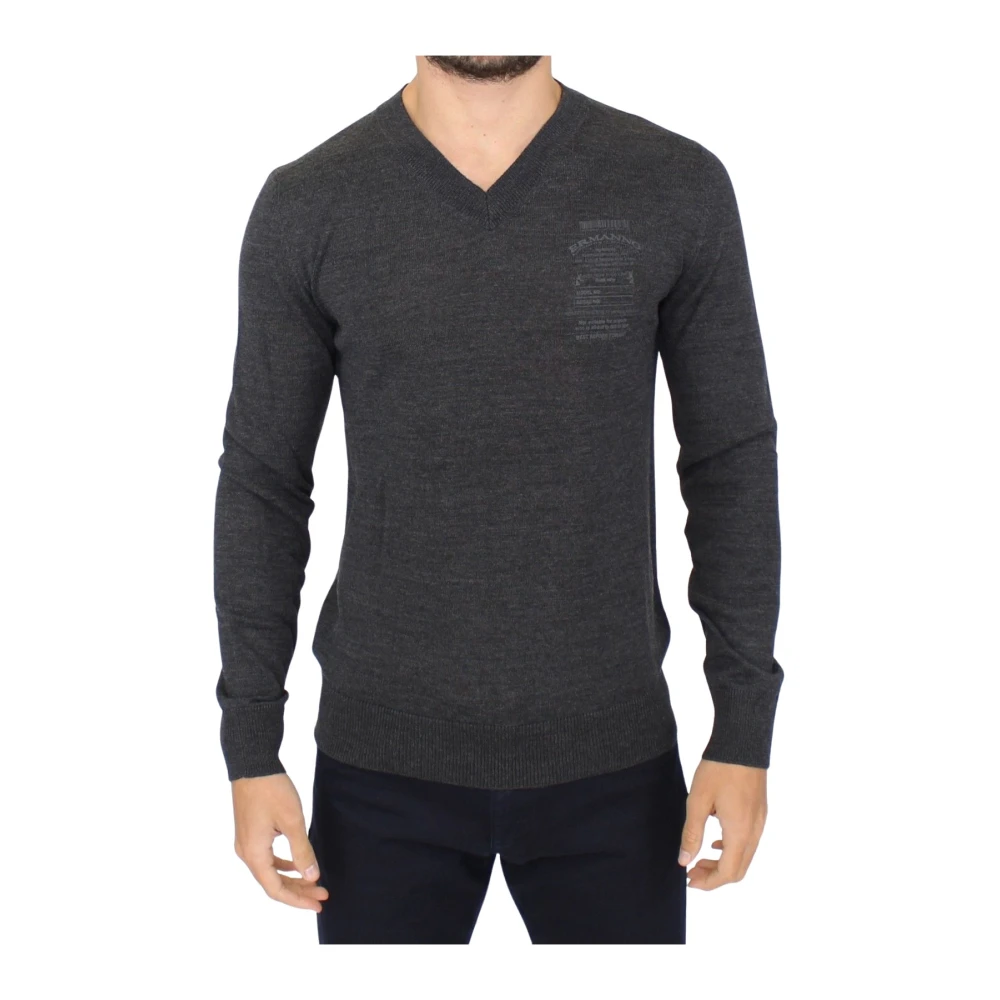 Ermanno Scervino Men's Gray V-Neck Knitwear,, V-Neck Wool Blend Jumper Small