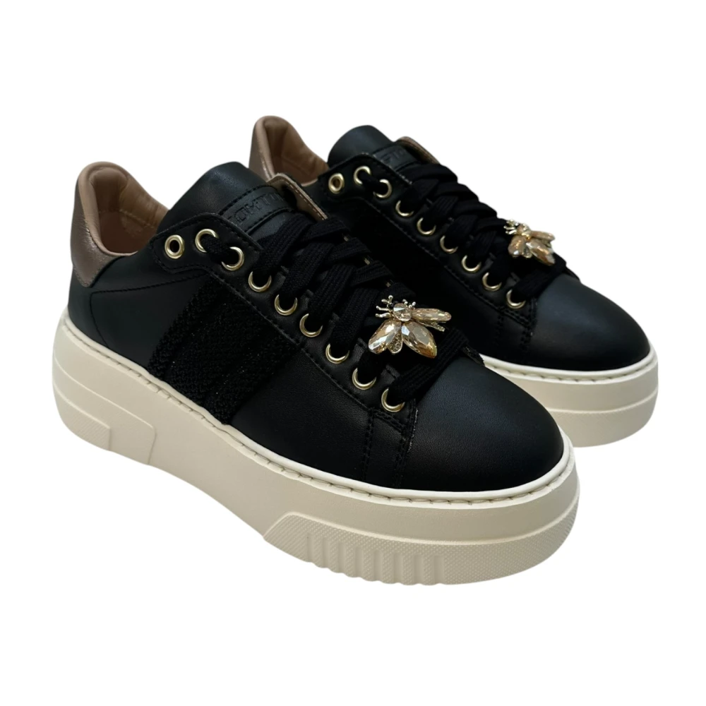 Stokton Zwarte leren sneaker met roségoud Black Dames