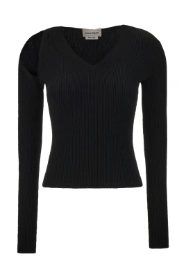 Cut-Out Ribbed V-Neck Sweater