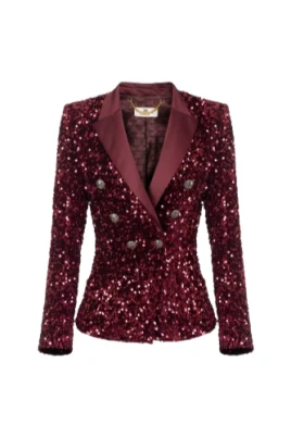 Burgundy Sequin Broderad Dubbelknäppt Jacka