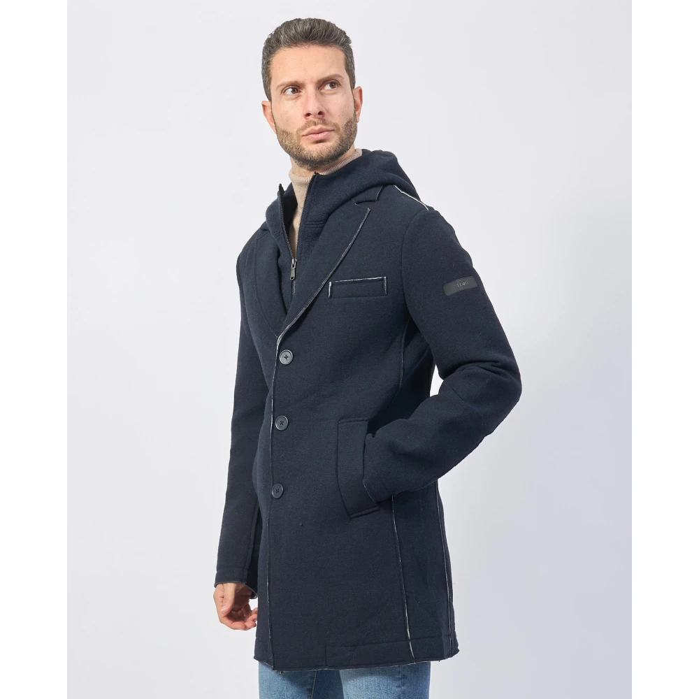 YES ZEE Blauwe Neopreen Wollen Jas met Capuchon Blue Heren