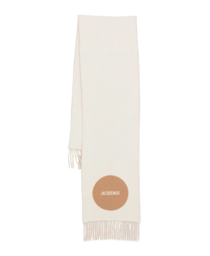 echarpe-beige-a-motif-logo-a-franges