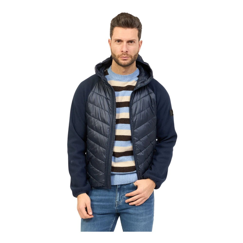 YES ZEE Blauwe Gewatteerde Jas met Wol-Effect en Capuchon Blue Heren