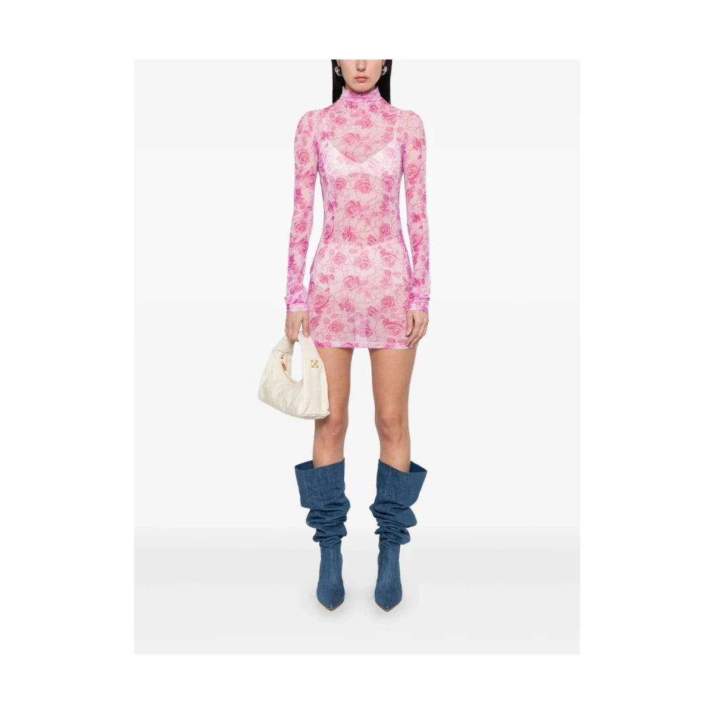 Off White Bloemenprint Mock Neck Jurk Pink Dames