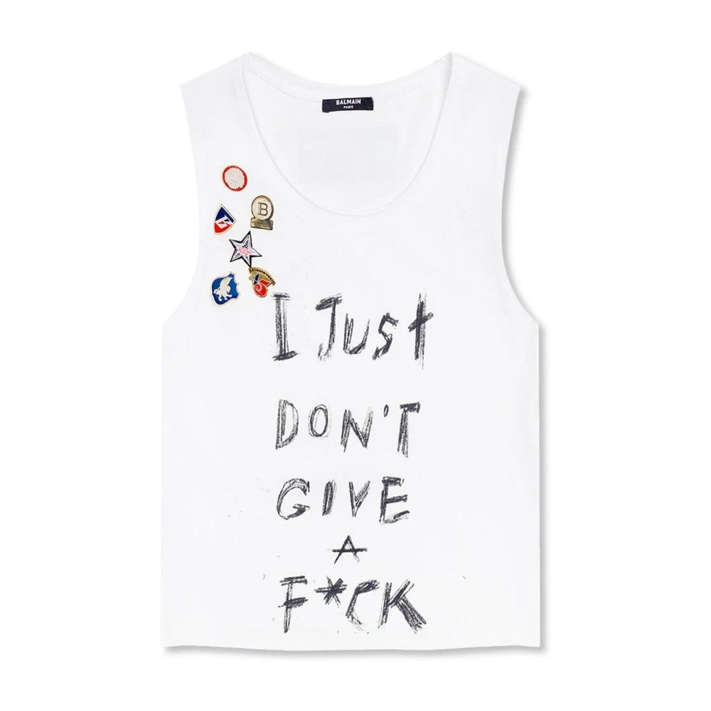 Balmain Tryckt Bomull Cropped T-shirt White, Dam