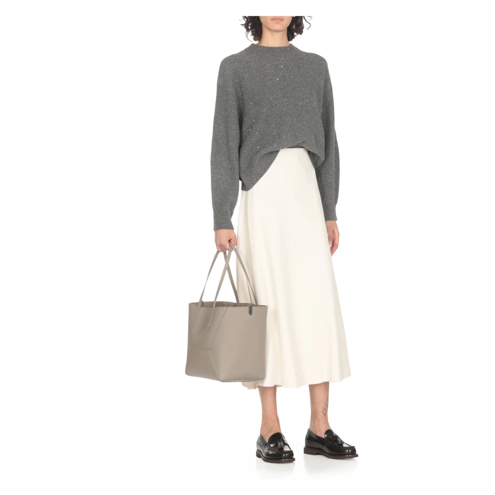 BRUNELLO CUCINELLI Grijze Leren Schoudertas met Messing Details Gray Dames