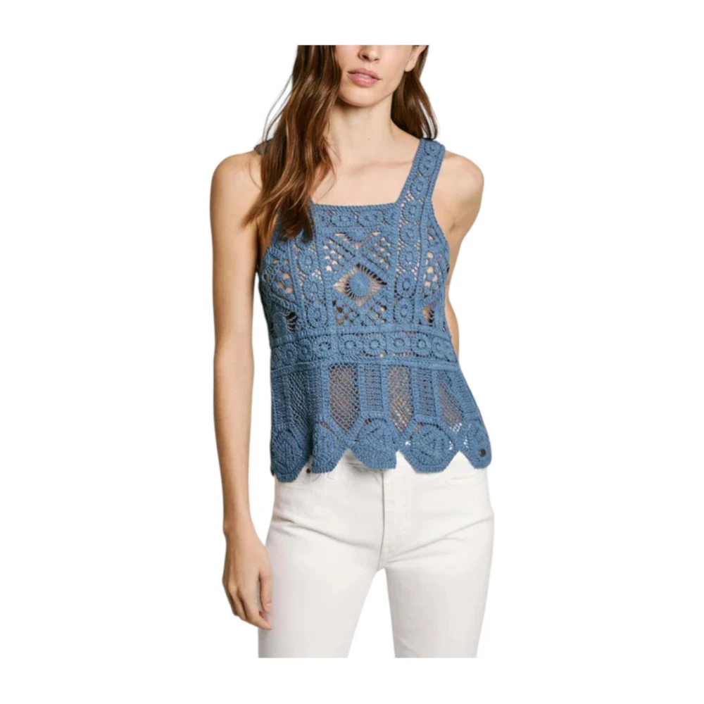 Pepe Jeans Women's Blue Sleeveless Tops, Xs, Crochet Top For Summer
