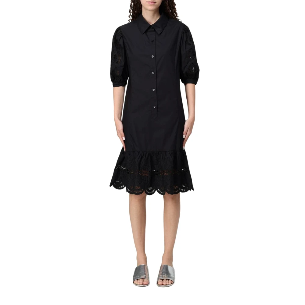 Liu Jo Women's Black Midi Dresses, S, Chic Eyelet Embroidered Dress