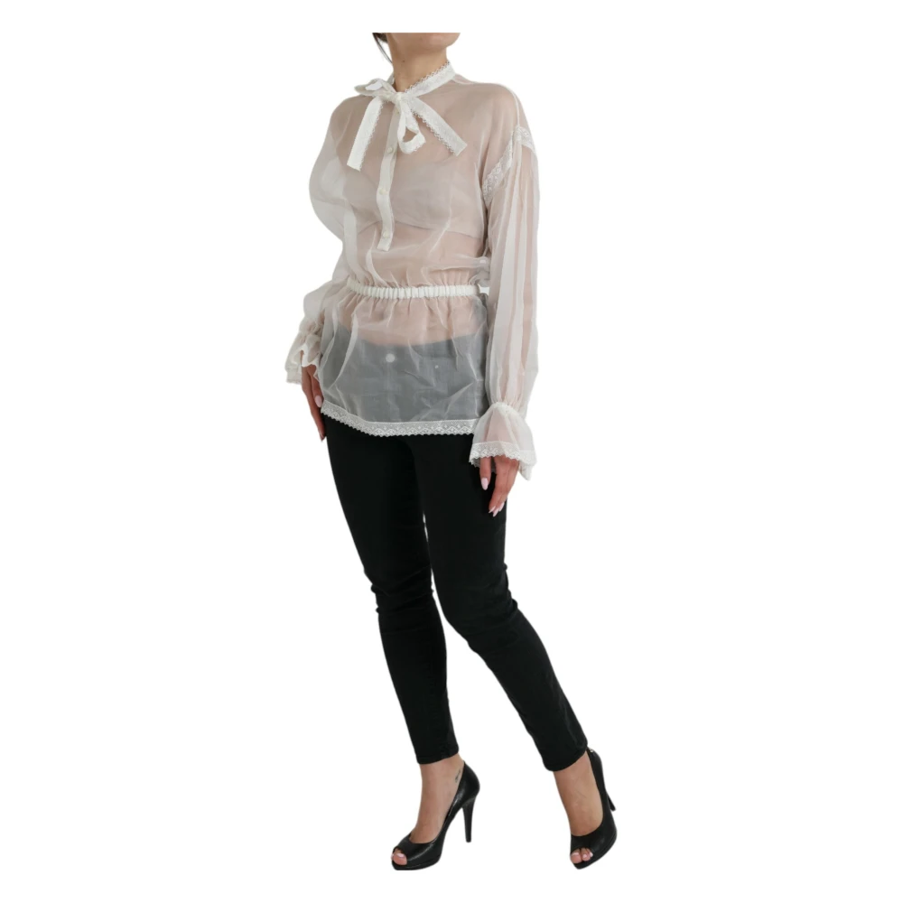 Dolce & Gabbana Women's White Blouses, 2XS, Silk Blend Long Sleeve Blouse