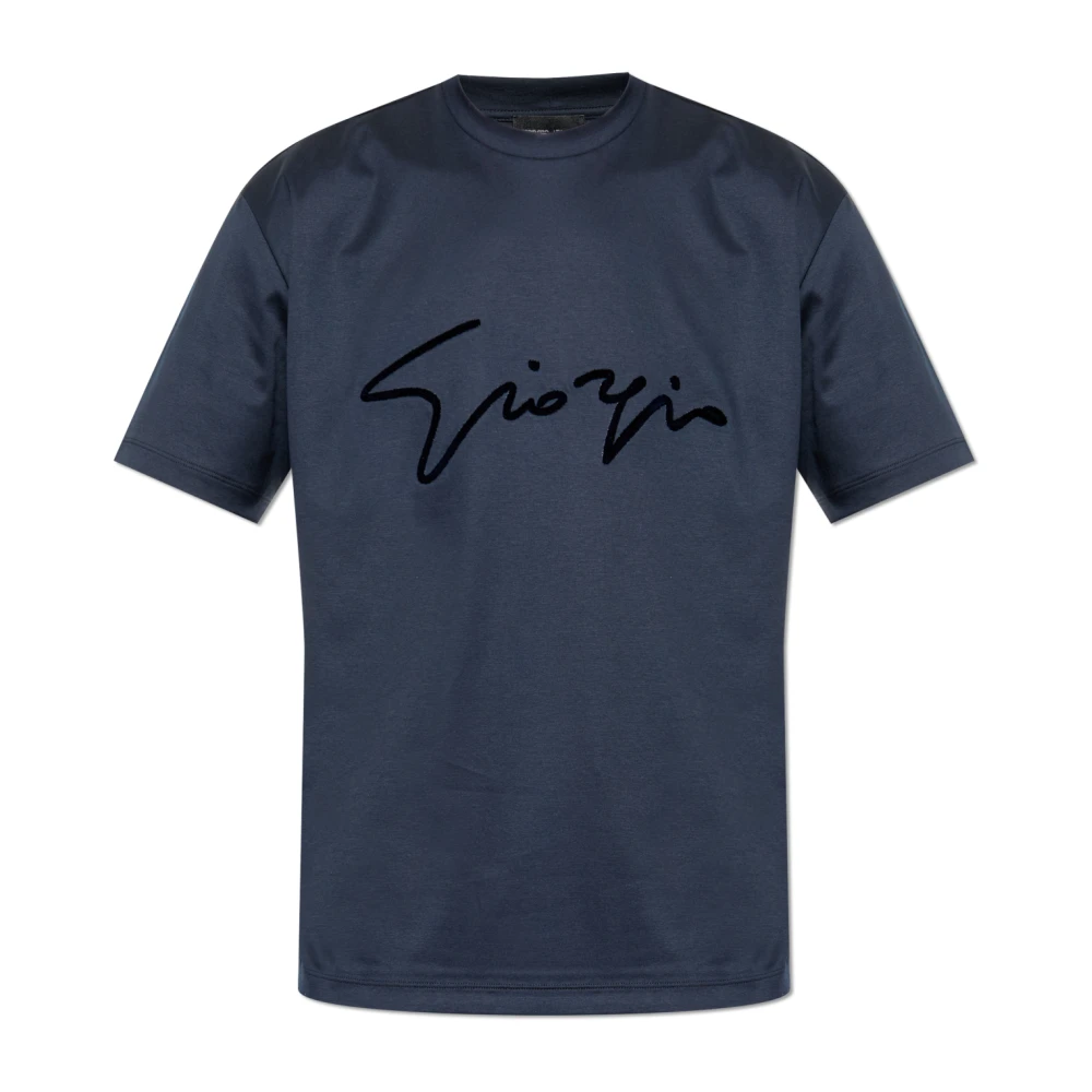 Giorgio Armani Mannelijk Blauw Tops Heren, L, Katoen, T-Shirt Met Een Logo En Een Fluwelen Afwerking