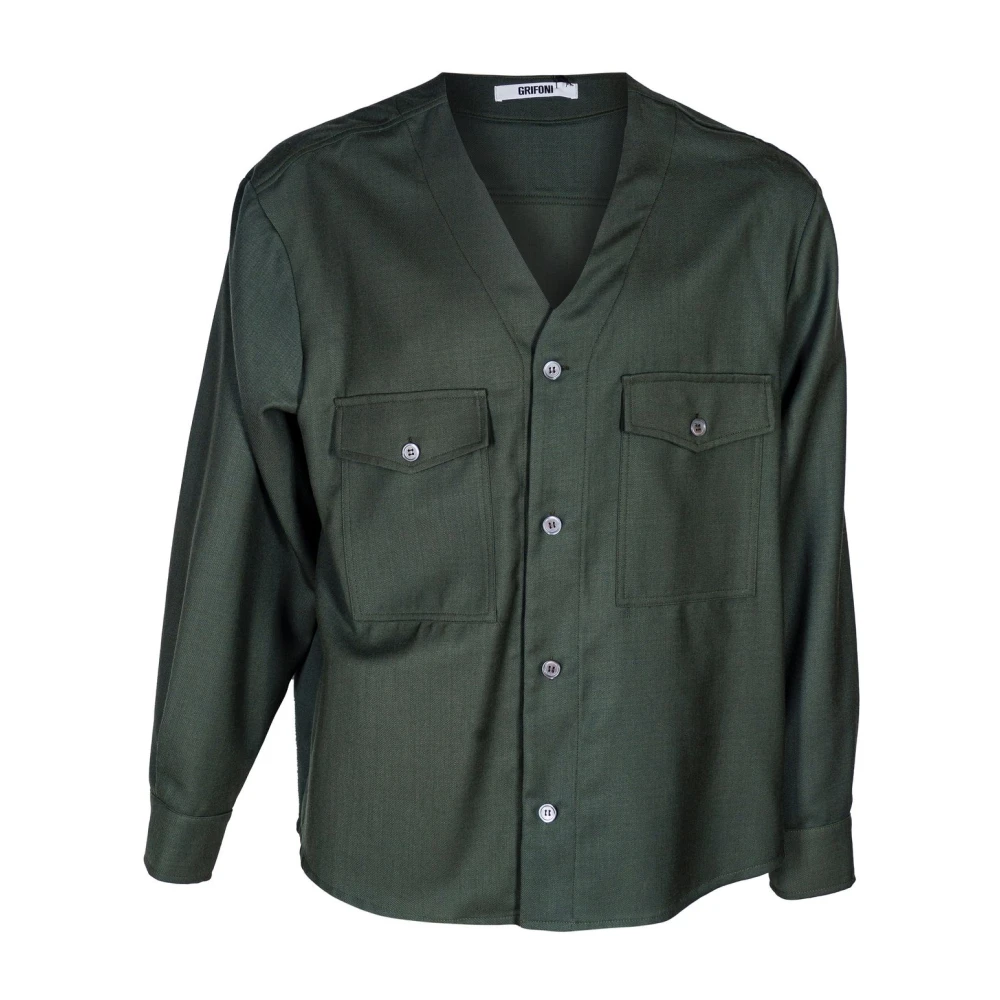 Mauro Grifoni Wollen Overhemd zonder Kraag Gemaakt in Italië Green Heren