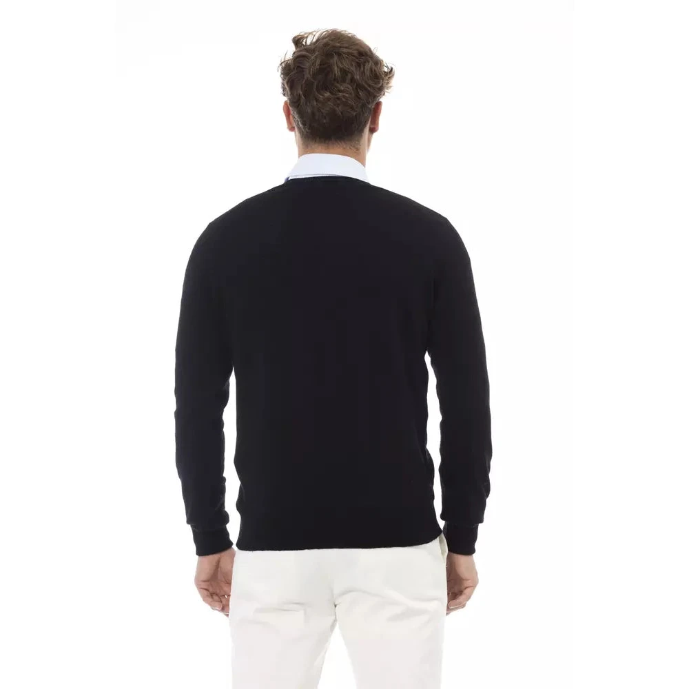 Alpha Studio Zwarte Wol V-Hals Trui Black Heren