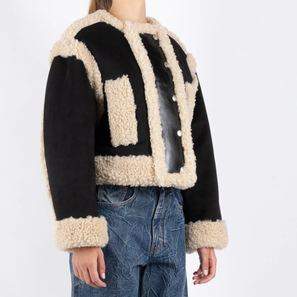 Stand Studio Shearling Jas Zwart Beige Multicolor Dames