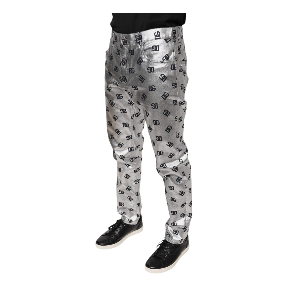 Dolce & Gabbana Logo Monogram Skinny Katoen Denim Jeans Gray Heren