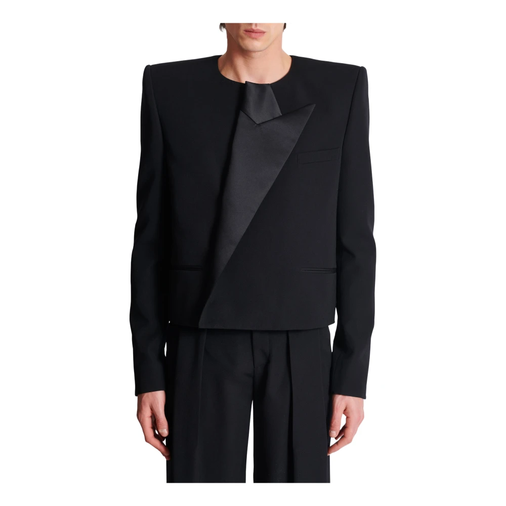Balmain Geknipte grain de poudre jas met asymmetrische kraag Black Heren