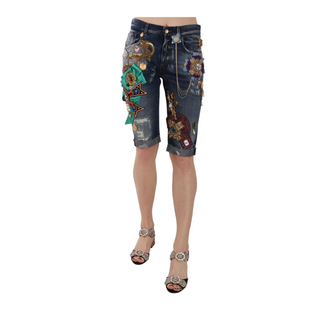Dolce & Gabbana Women's Blue Crystal-Embellished Denim Shorts - Denim Shorts - 2XS - Shorts