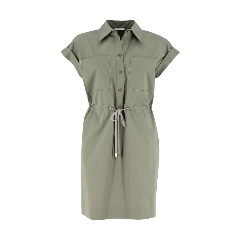 PESERICO Katoenen Kimono Mouw Jurk met Zakken Green Dames