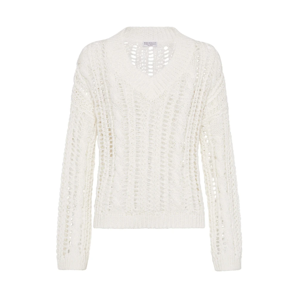 BRUNELLO CUCINELLI Witte Geribbelde V-Hals Trui White Dames