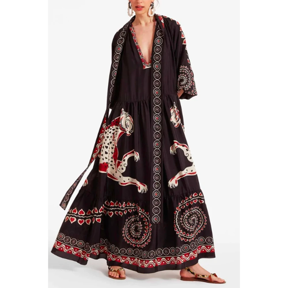 La DoubleJ Zwarte Jurk met Handgemaakt Patroon Multicolor Dames