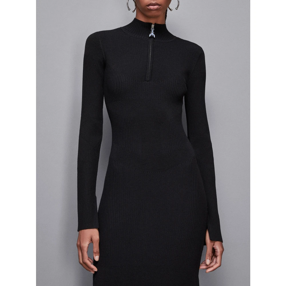 PATRIZIA PEPE Zwarte Geribbelde Wollen Midi Jurk Black Dames
