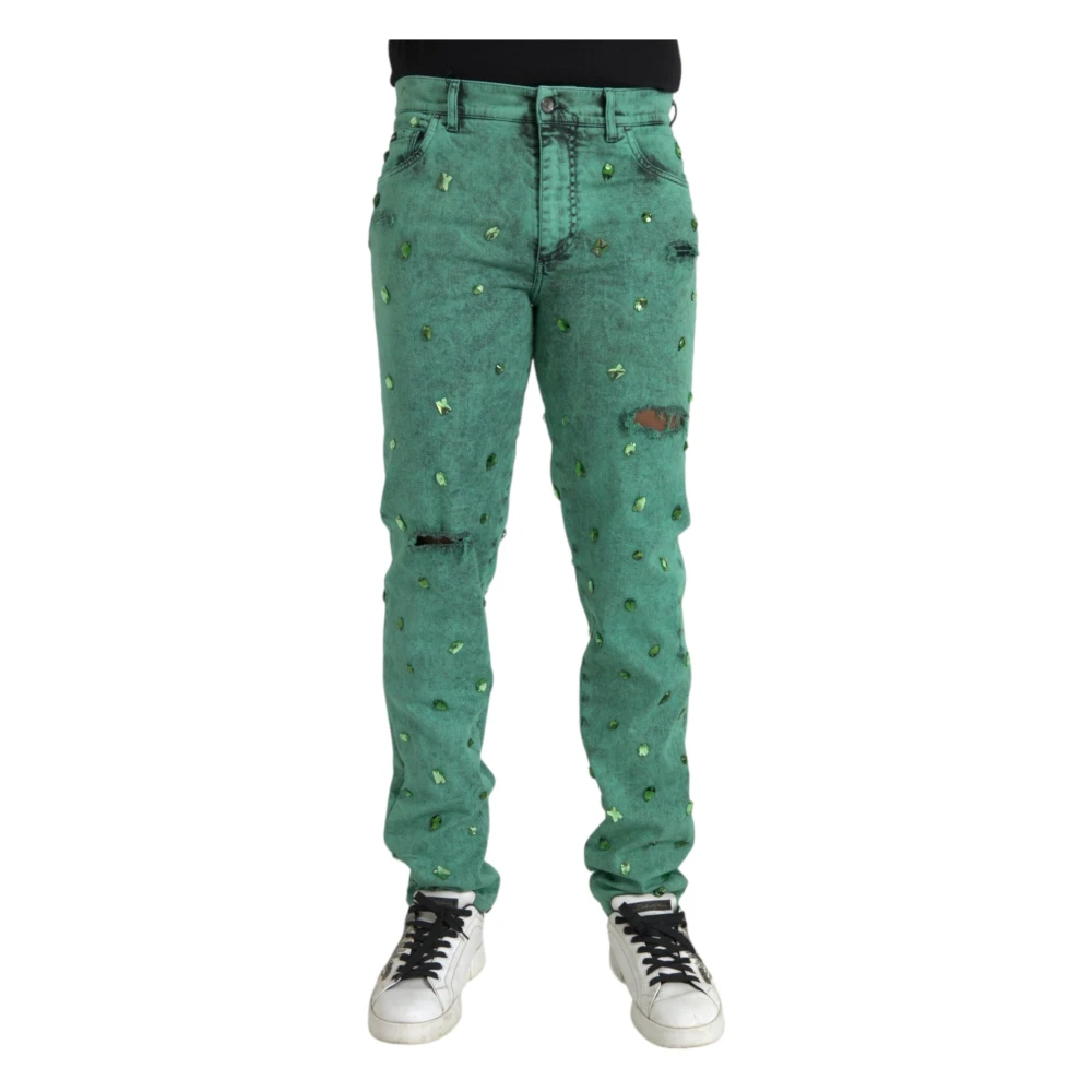 Dolce & Gabbana Groene Kristal Skinny Denim Jeans Green Heren