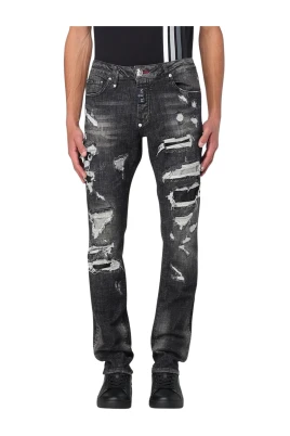 Stilrena Grå Slimfit Jeans med Slitage