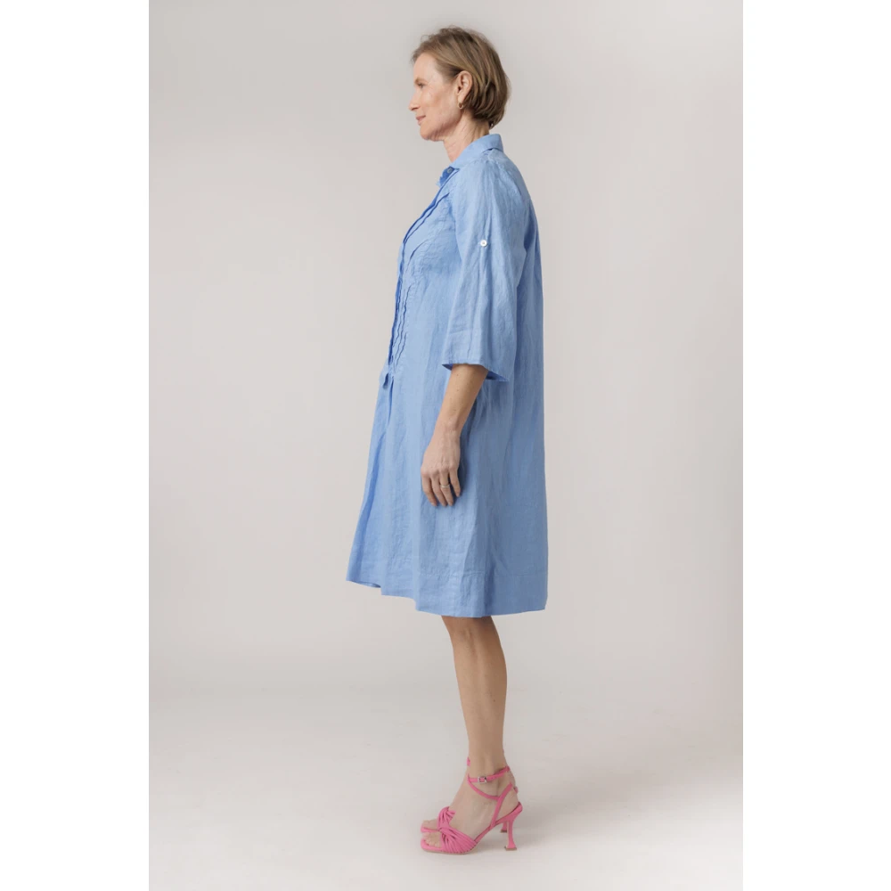 Rosso35 Lichtblauwe Linnen Jurk met Kraag Blue Dames