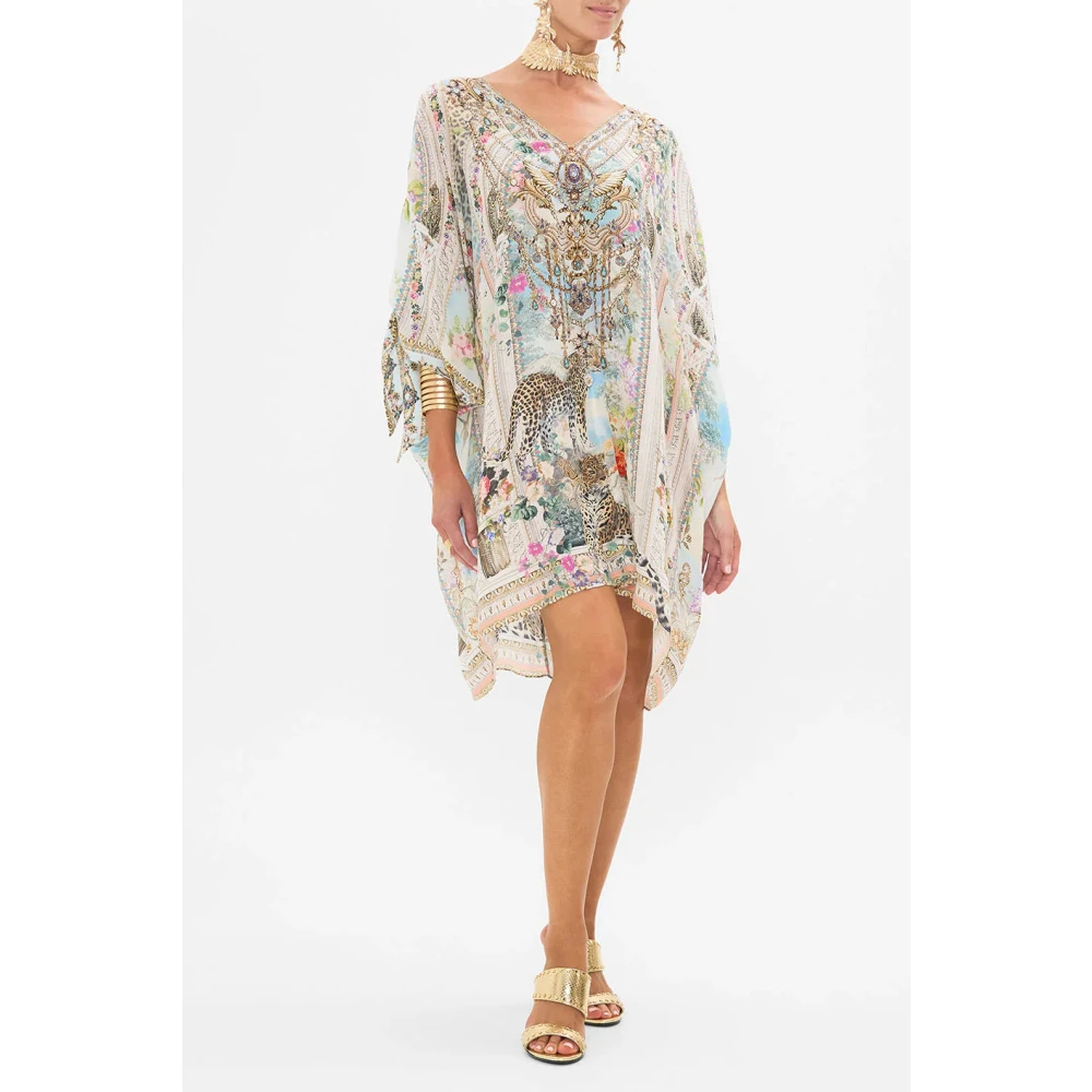 Camilla Luipaardprint Zijden Kaftan met Strikmouwen Beige Dames