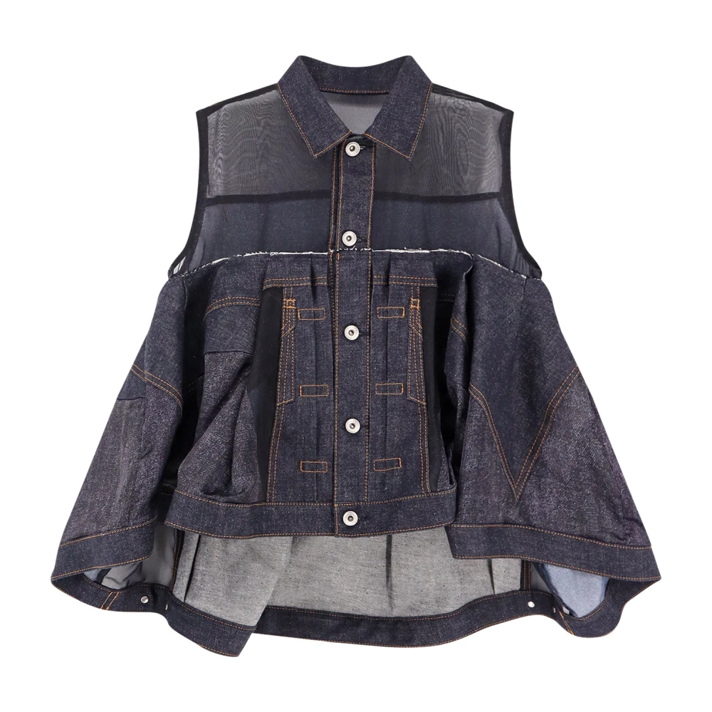 Sacai Denim overhemd met voile inzetstuk Blue Dames