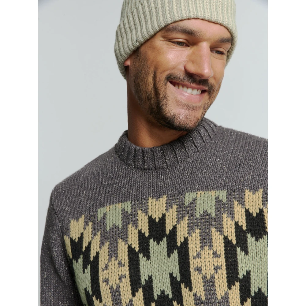 No Excess Zijden Jacquard Crewneck Pullover Aztekenprint Gray Heren