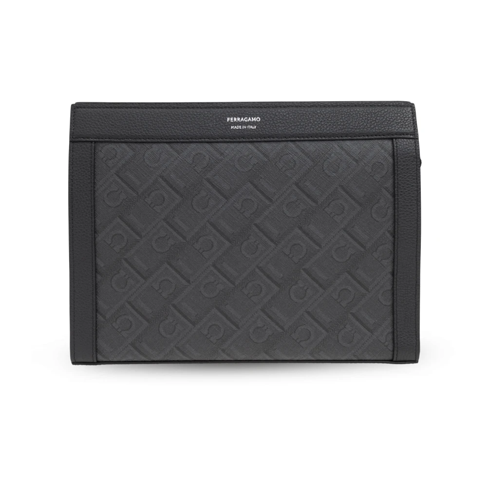 Salvatore Ferragamo Leren etui met Gancini-patroon en polsband Black Heren