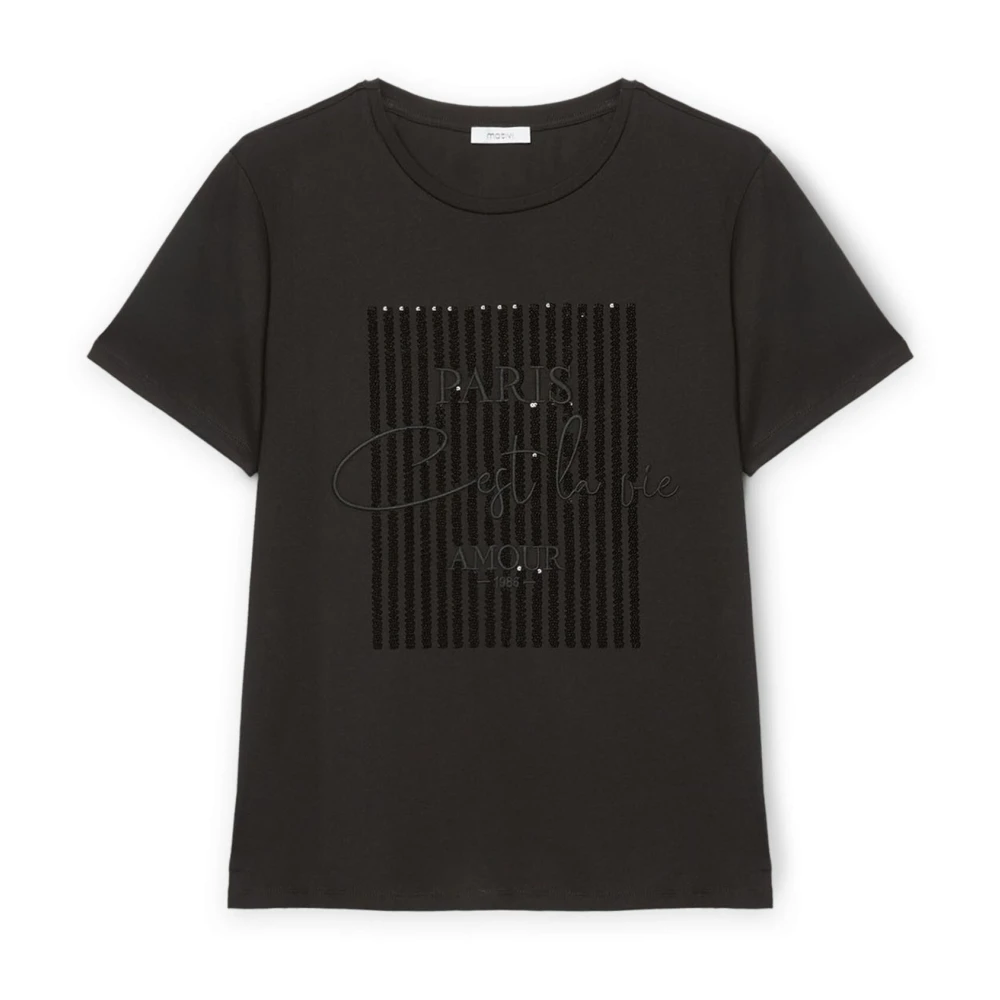 Motivi T-shirt met pailletten en geborduurde tekst Black Dames