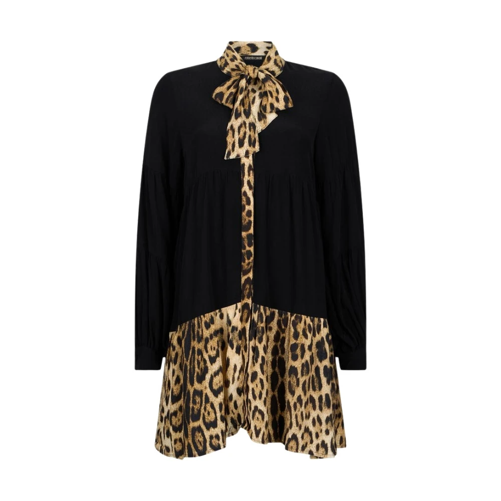 Roberto Cavalli Women's Black Short Dresses, L, Leopard Print Dress Mini