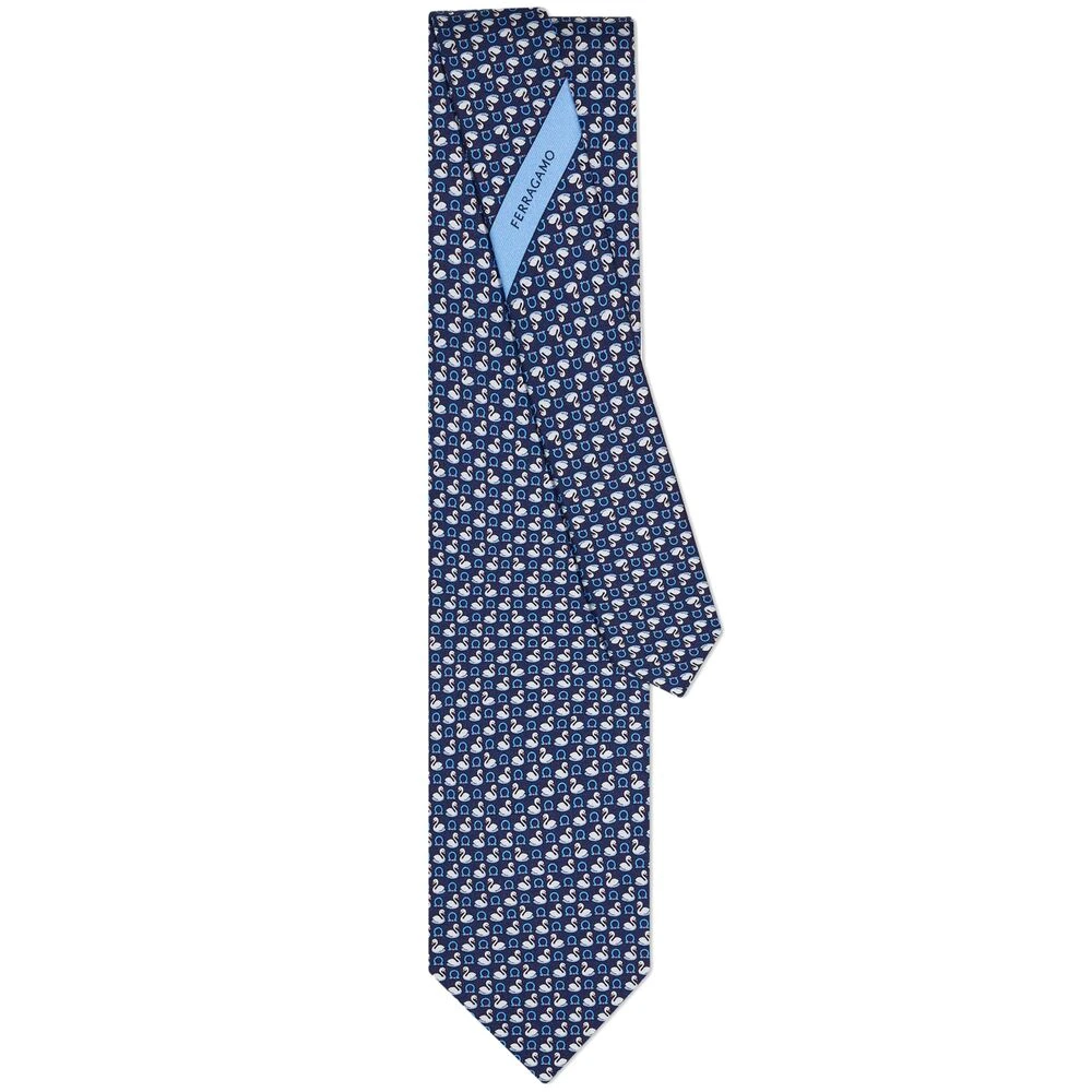 Salvatore Ferragamo Zwaanprint Zijden Stropdas Blue Heren
