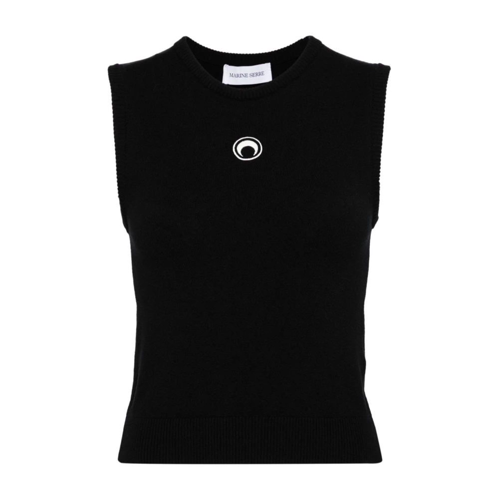 Marine Serre Women's Black Sleeveless Tops, Xs, Crescent Moon Embroidered Top